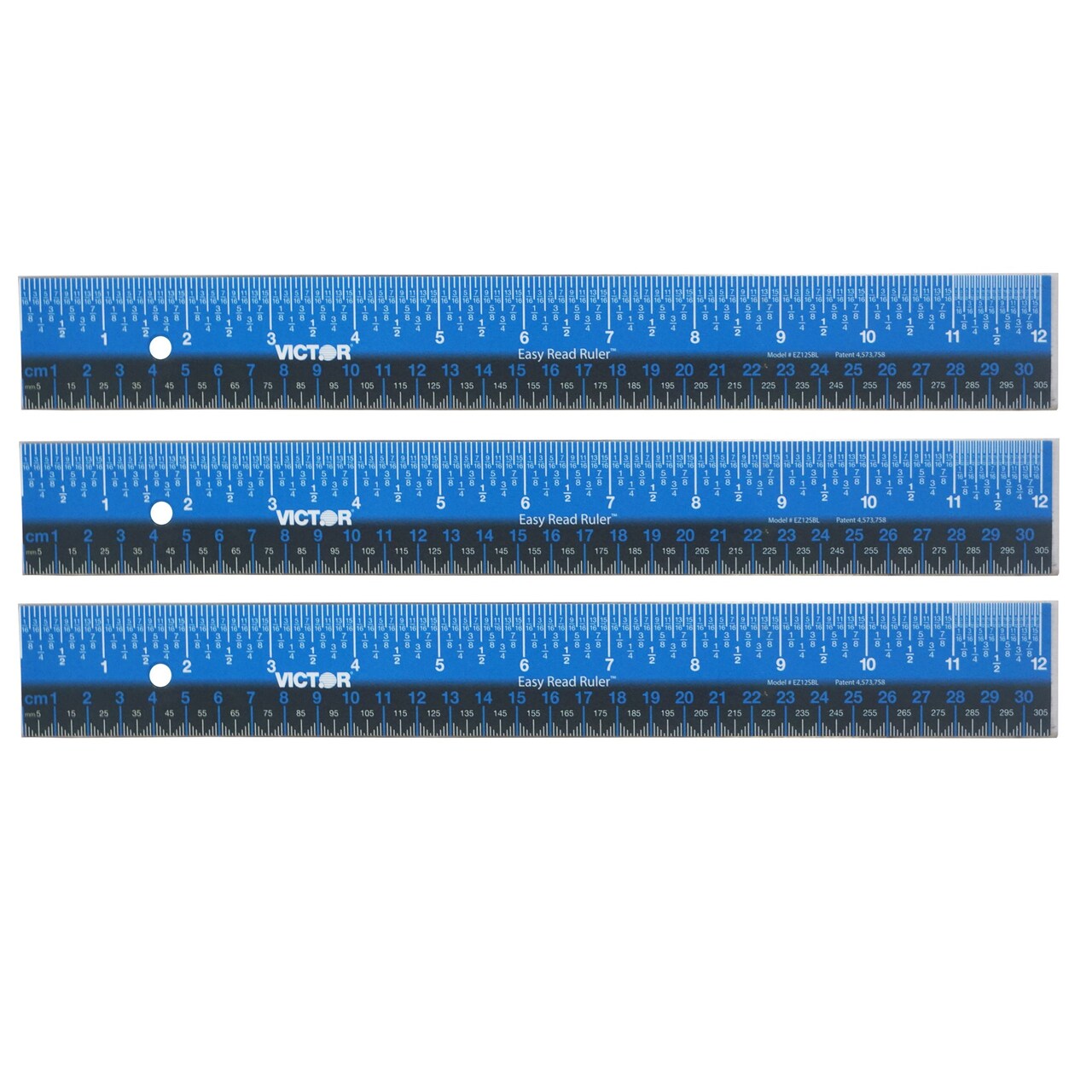 (3 Ea) 12in Ruler Stainless Steel Blu Blk
